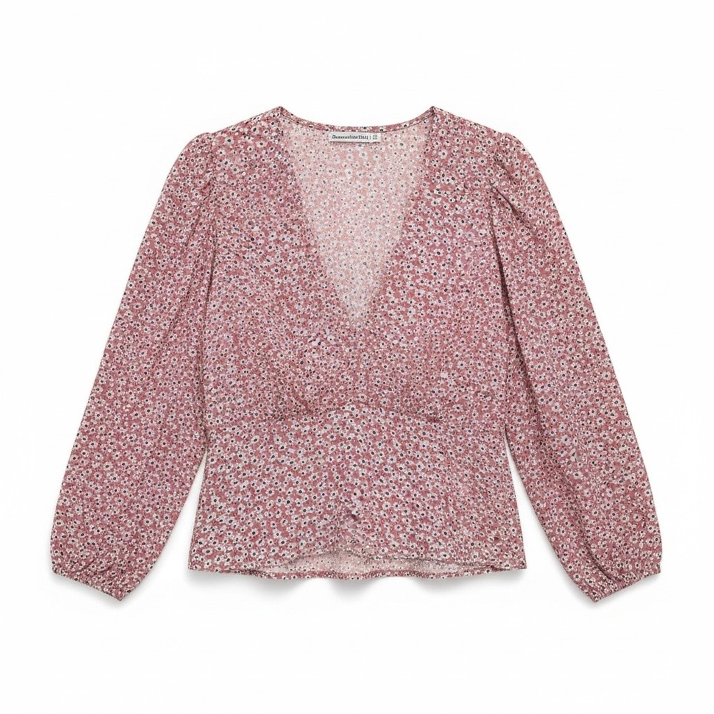 Abercrombie & Fitch Blouse M Medium Pink Floral Smocked V-Neck Cottagecore Ditsy